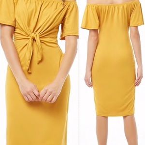 f21 mustard front tie off the shoulder midi dress